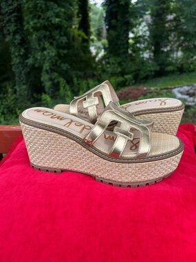 Sam Edelman Metallic Gold Woven Wedge Slide Sandals